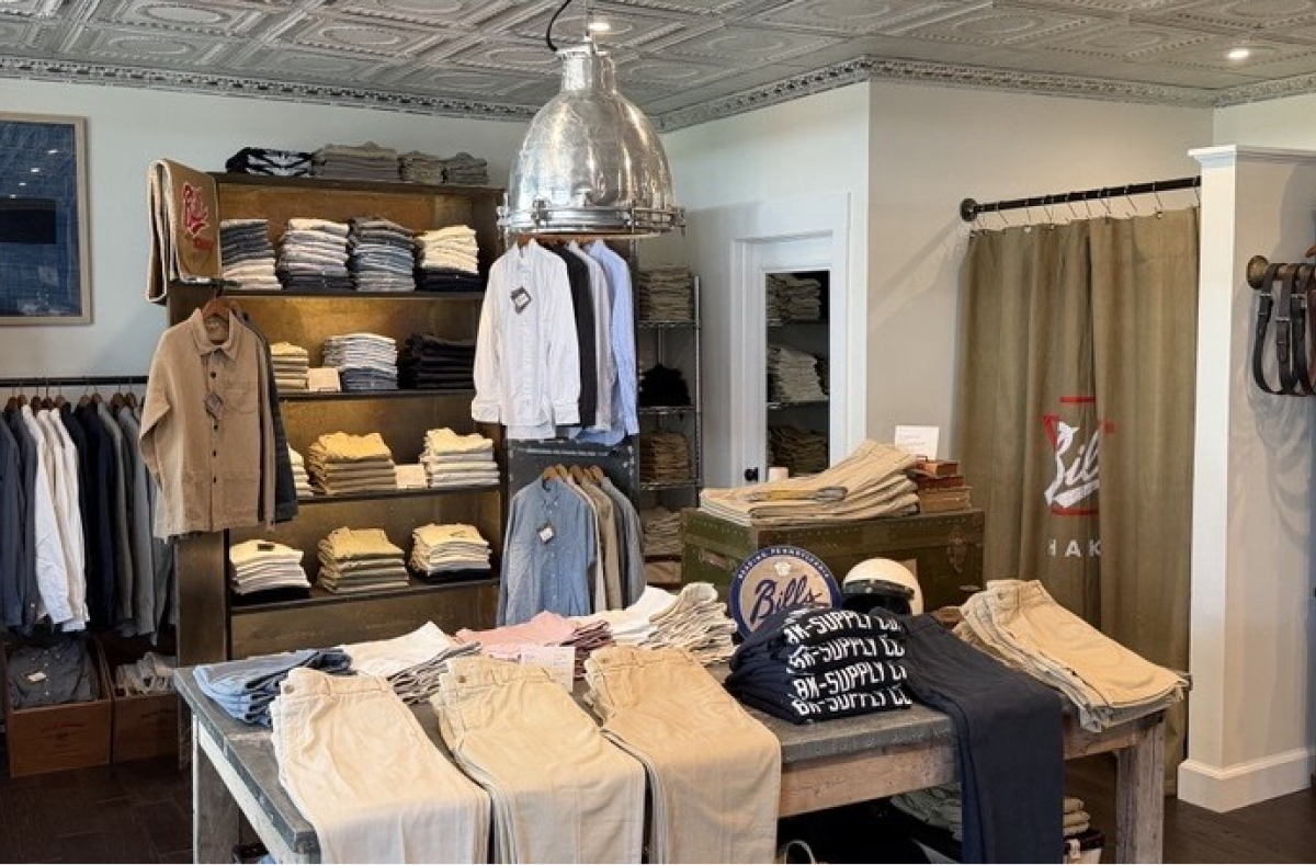 A shot of the showroom floor of the new Bills Khakis store on Martha's Vineyard. A multitude of Bills Khakis product is on display.