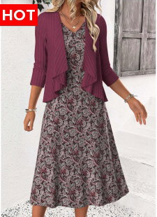 Dusty Purple Tummy Coverage Paisley Print Dress and Cardigan