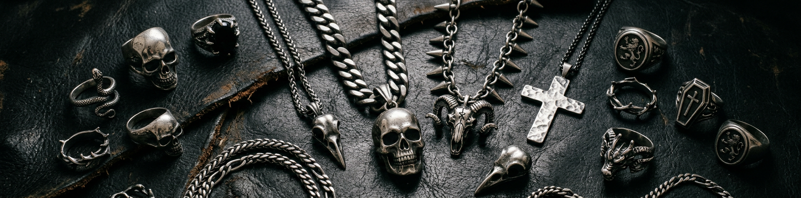 Dark moody flat lay of gothic silver and stainless steel chains and skull pendants on black leather