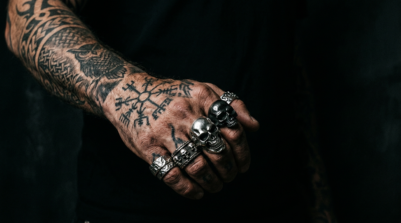 Tattooed hand wearing heavy gothic stainless steel skull rings in dark moody lighting