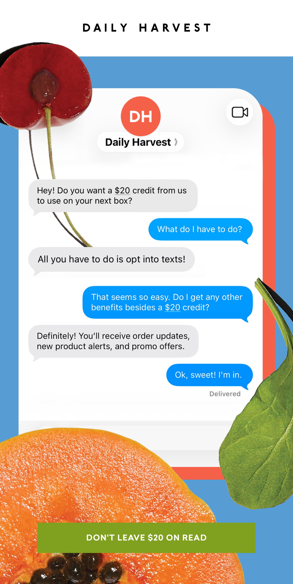 Opt into Daily Harvest texts by August 5, 2026 and get a $20 credit