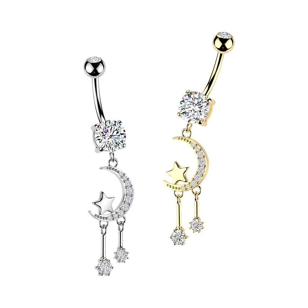  Crescent Moon Star CZ Dangle Belly Button Rings Piercings 14G 10mm | Luxe Modz 