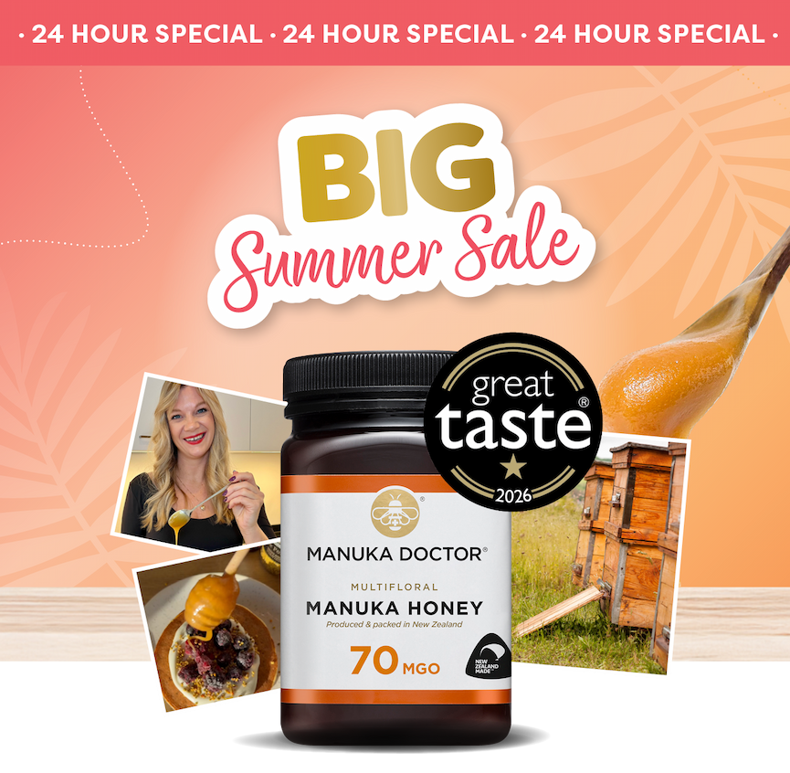 Big Summer Sale Graphic with Manuka Honey 70 MGO 500g pot and some manuka honey images. 
