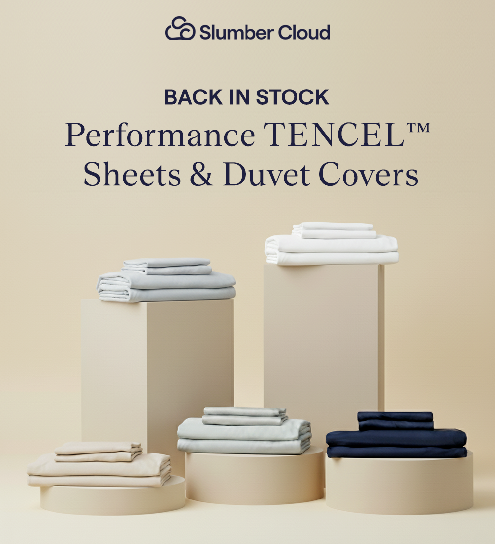 The Slumber Cloud Performance TENCEL™ Sheets sitting on pillars