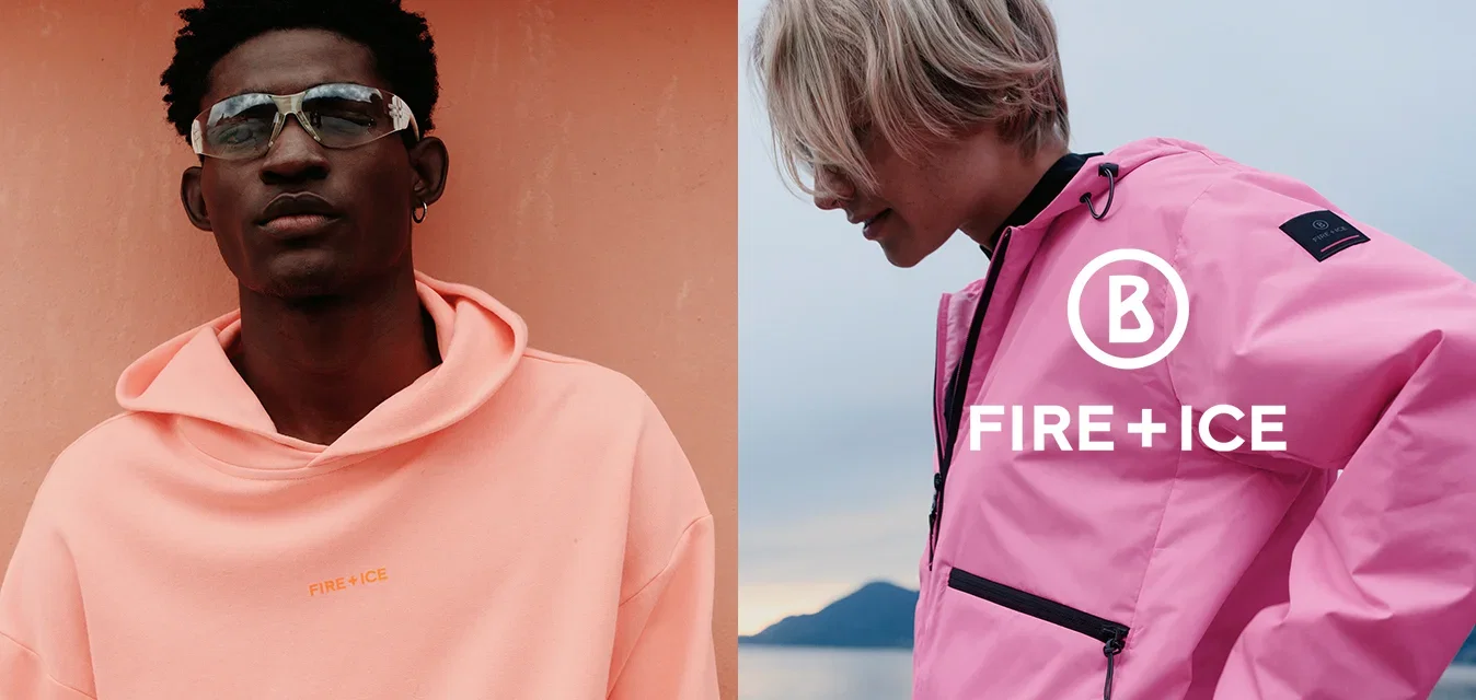 Links ein Mann mit Sonnenbrille und einem pfirsichfarbenen Hoodie vor einer pfirsichfarbenen Wand; rechts eine Person in einer pinkfarbenen Jacke an einem ruhigen See bei Sonnenuntergang.