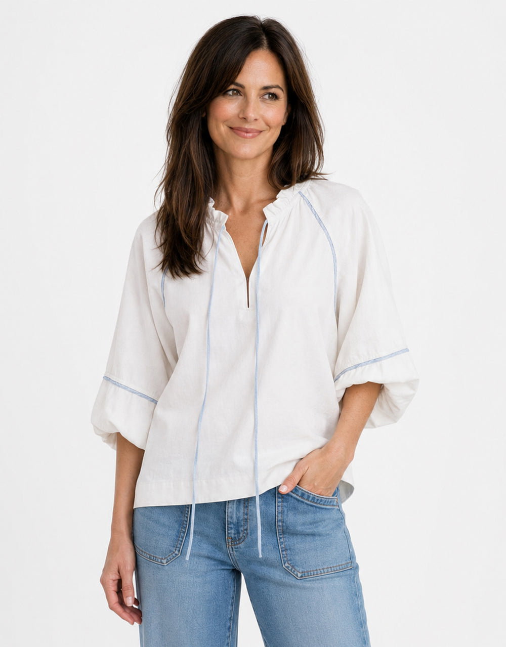 Joanne Denim Shirt - White/Blue Trim