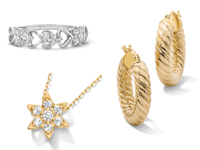 Yellow gold floral diamond pendant necklace, textured hoop earrings and diamond heart band ring.