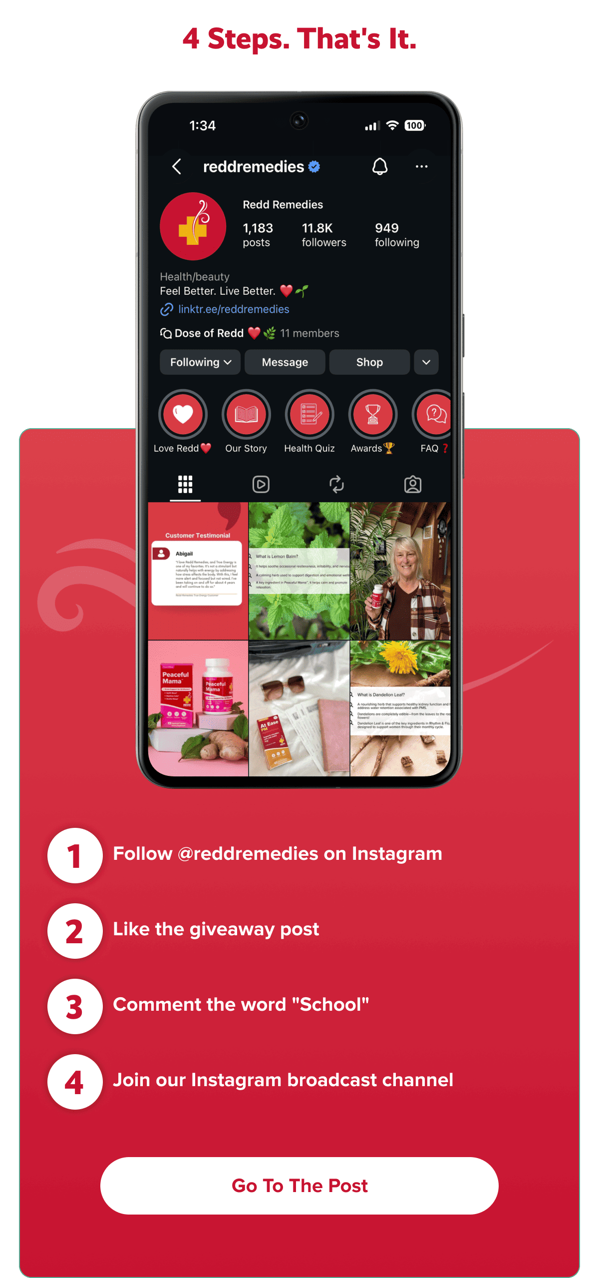 4 steps. That's it. | 1. Follow @reddremedies on Instagram | 2. Like the giveaway post | 3. Comment the word "School" | 4. Join our Instagram broadcast channel | Go to the Post