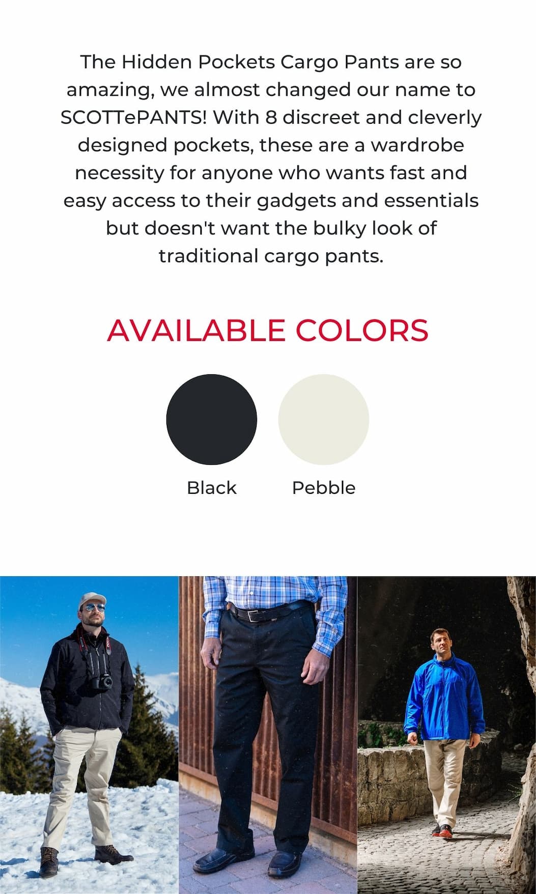 Hidden Cargo Pants - Available in Black and Pebble