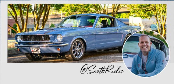 Classic blue 1967 Ford Mustang parked outdoors with a circular inset showing the vehicle owner beside it. The image includes the @ScottsRides signature.