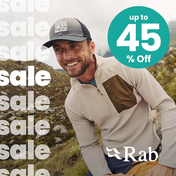 Person wearing a light-coloured Rab outdoor fleece and Rab cap in a mountainous landscape. Promotional graphic includes repeated “sale” text, Rab logo, and “Up to 45% Off” badge.