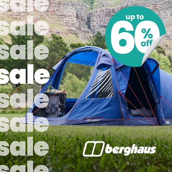 Blue Berghaus family camping tent pitched on grass with rocky cliffs in the background. Promotional graphic includes repeated “sale” text, Berghaus logo, and “Up to 60% off” badge.