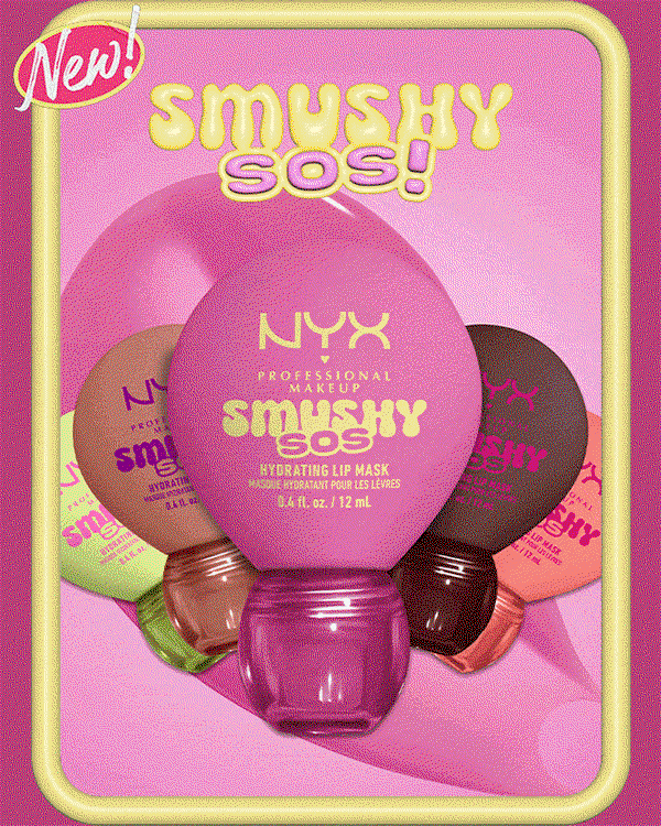 A New product launch animation featuring a model with glossy pink lips holding the NYX Smushy SOS Hydrating Lip Mask, transitioning to a display of the shade collection.