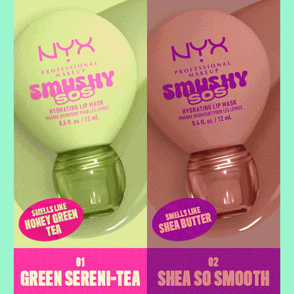 Split-screen showcasing all 8 Smushy SOS shades.
