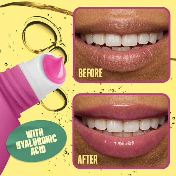 Before and after: Bare lips compared to lips with high-shine, tinted pink NYX Smushy SOS Hydrating Lip Mask. Badge confirms: formulated with Hyaluronic Acid.