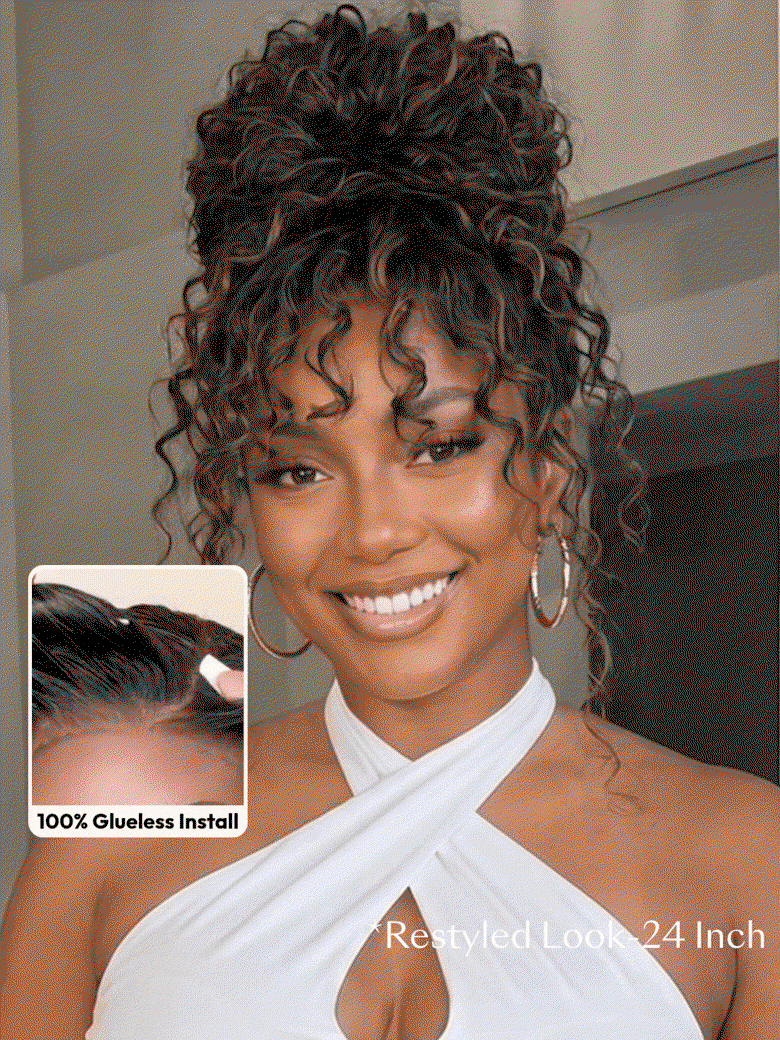 UNice 7x5 Bye-Bye Slip™ Lace 100% Human Hair Water Wave Wig with Golden Brown Highlights Glueless Summer-Ready