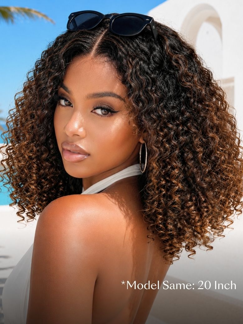 UNice 7x5 Bye Bye Slip™ Glueless Lace Black to Chestnut Brown Ombre Burmese Curly With Finger Coil Ends Wig-Vacation Ready With Flexi-Fit Drawstring