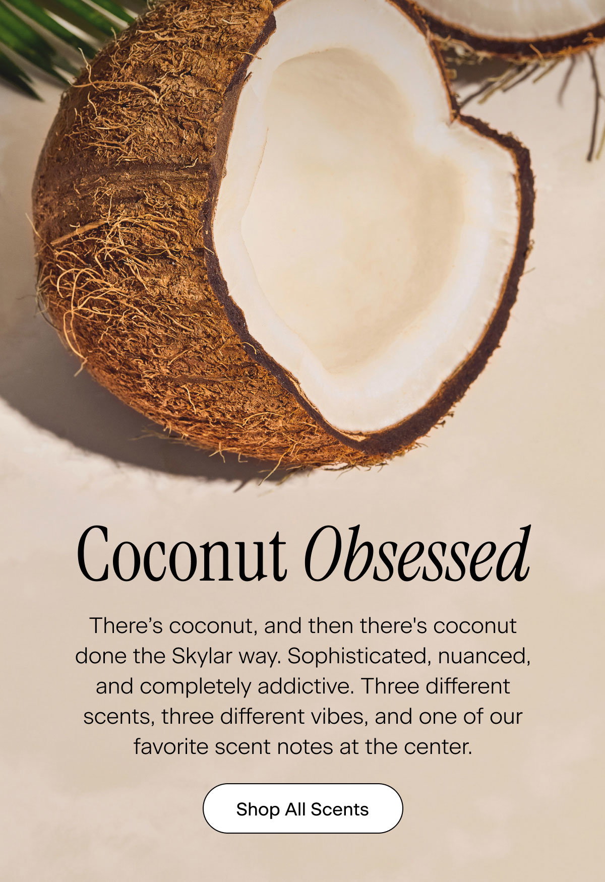Coconut Obsessed. There’s coconut, and then there's coconut done the Skylar way. Sophisticated, nuanced, and completely addictive. Three different scents, three different vibes, and one of our favorite scent notes at the center. Shop All Scents
