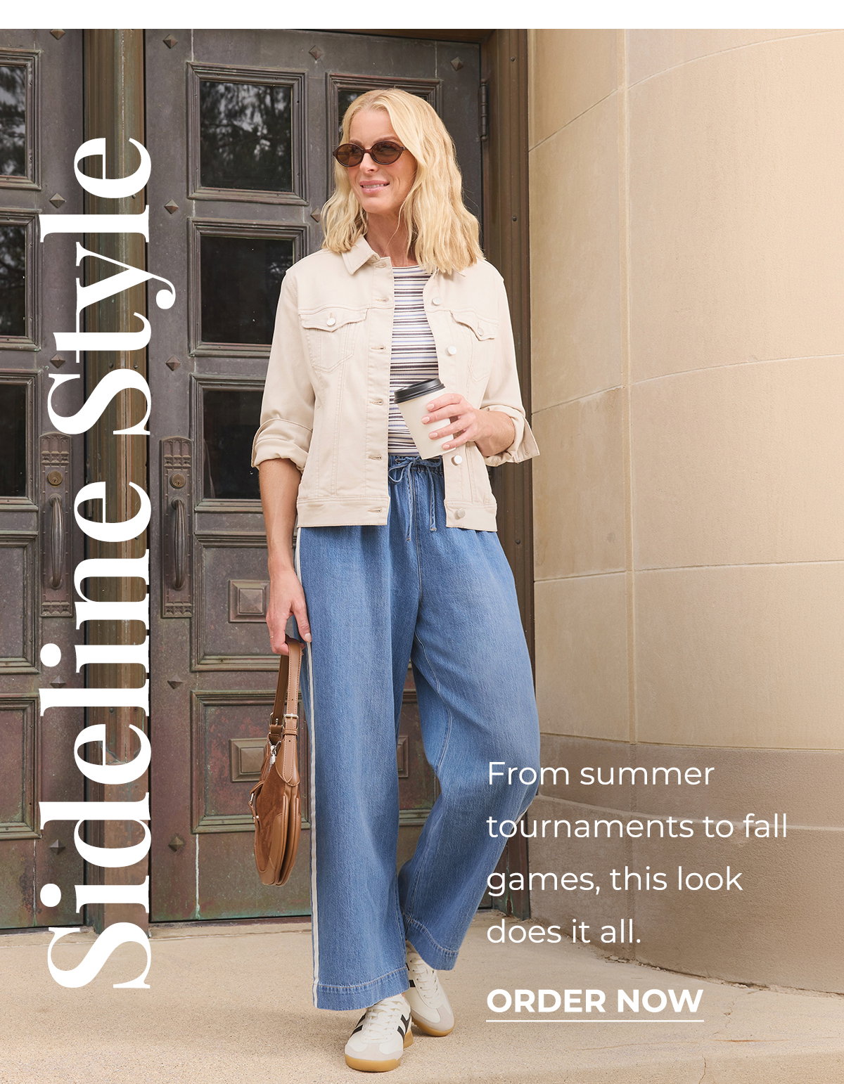 Woman wears a cream jacket and wide leg jeans for casual back to school style.