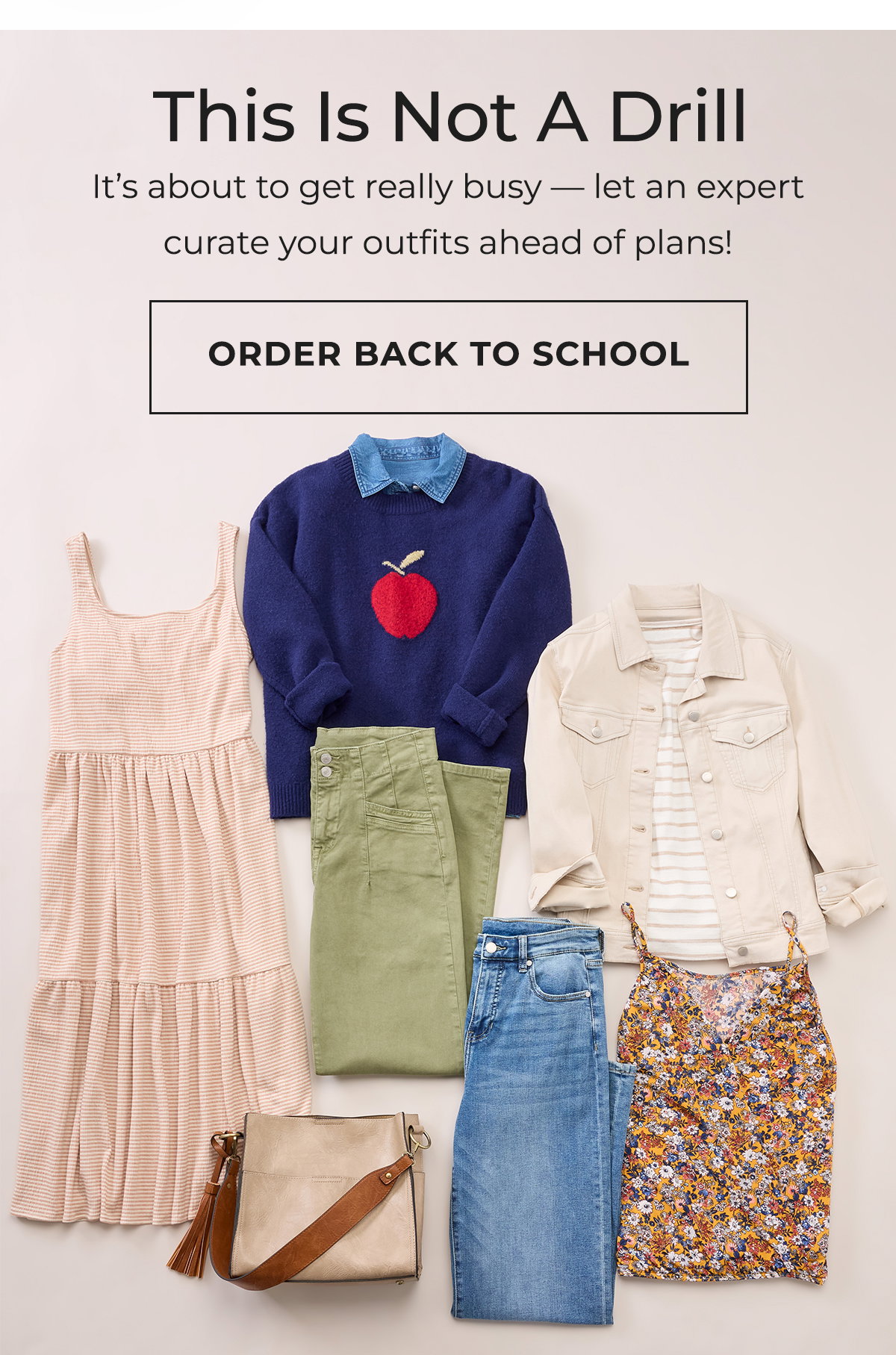 Coordinated back to school outfits include dresses. Jeans. Sweaters. Jackets. Pants. And a handbag.