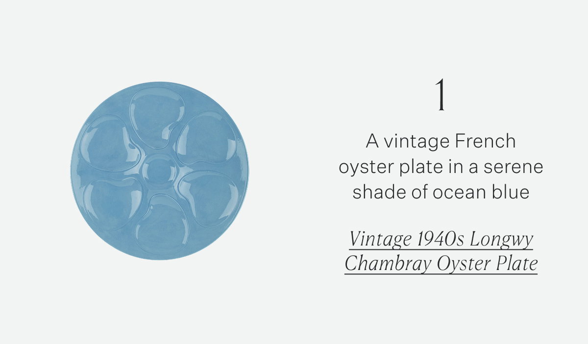 1 A vintage French oyster plate in a serene shade of ocean blue Vintage 1940s Longwy Chambray Oyster Plate