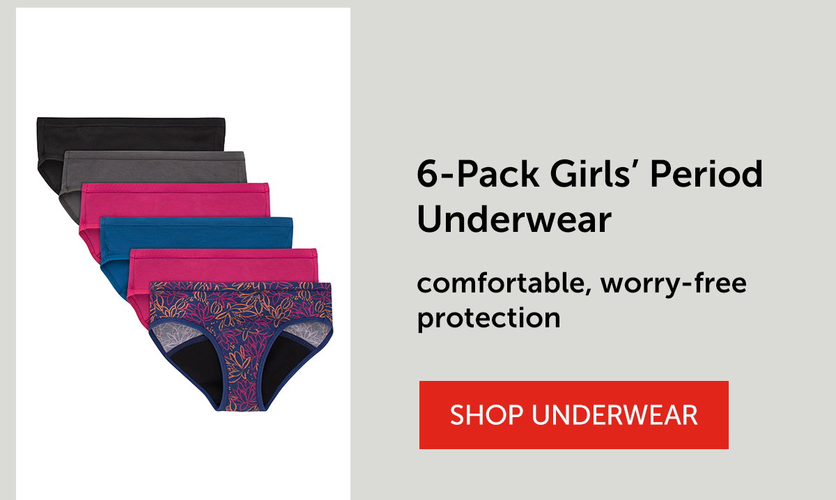 Hanes Girls' Period Underwear Hipsters, 6-Pack, Comfort, Period., Moderate Protection