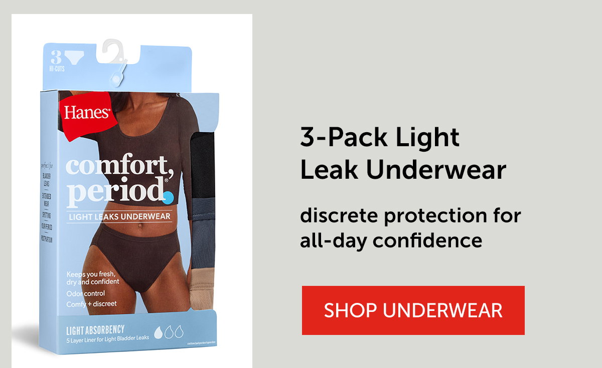 Hanes Comfort, Period. Women's Underwear High-Cut Pack, 3-Pack, Light Bladder Leak Protection