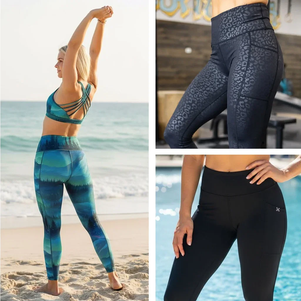 Three women modeling athletic leggings and sports bras in blue, navy leopard print, and black designs near water.