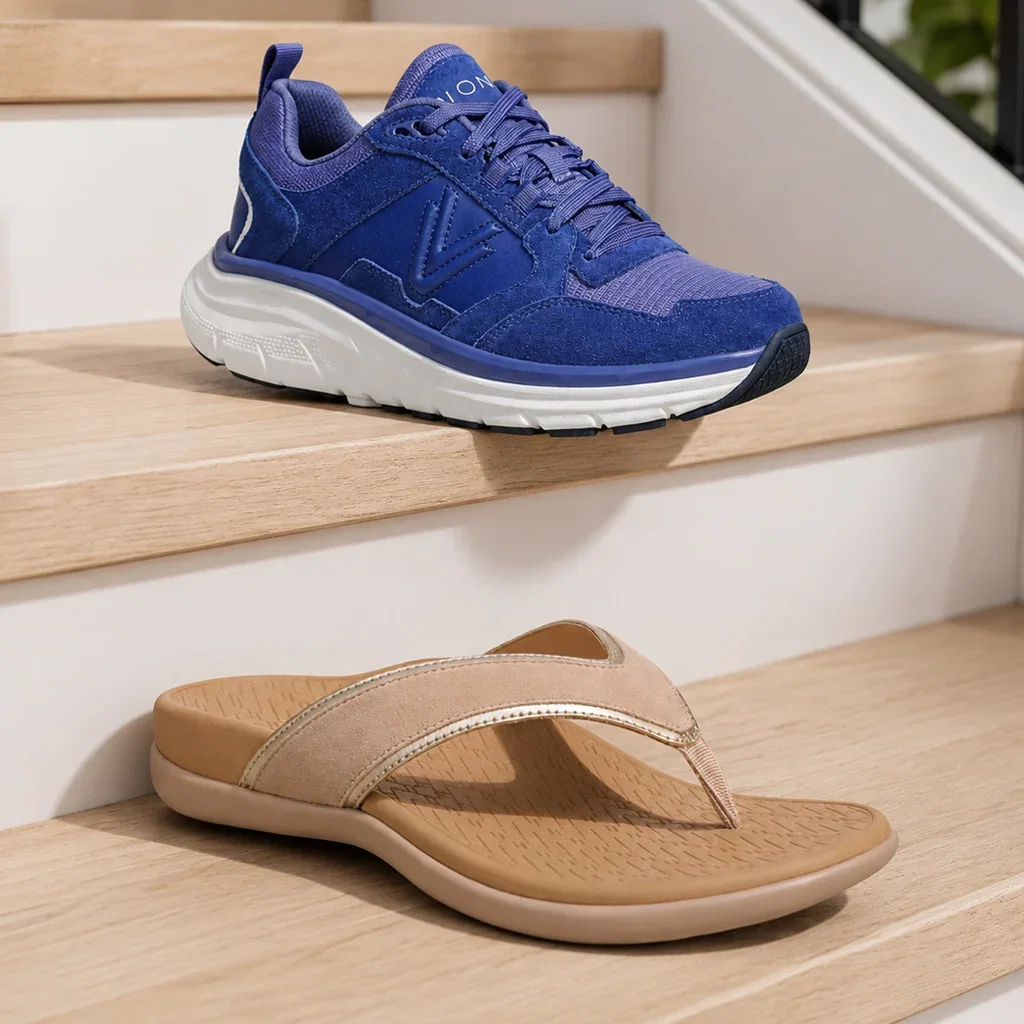 Two Vionic shoes displayed on wooden shelves: a blue and white running sneaker above and a tan flip-flop sandal below.