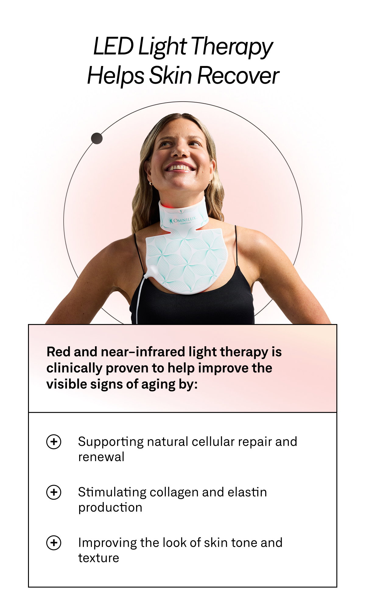 Omnilux LED light therapy helps improve the visible signs of aging with convenient 10-minute sessions.