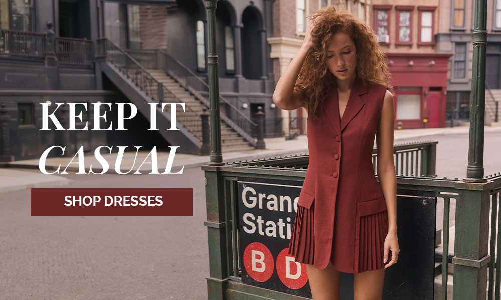 Text overlay "Keep it casual. Shop dresses." on background