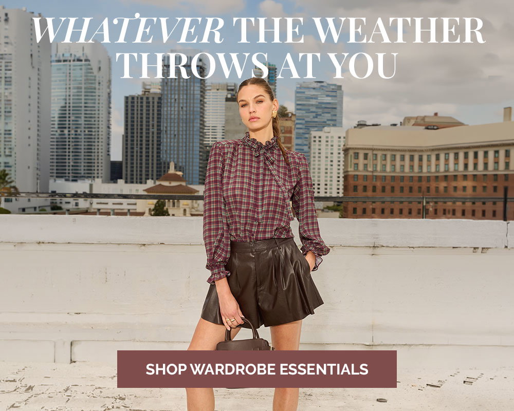Text overlay "Whatever the weather throws at you. Shop wardrobe essentials" on background