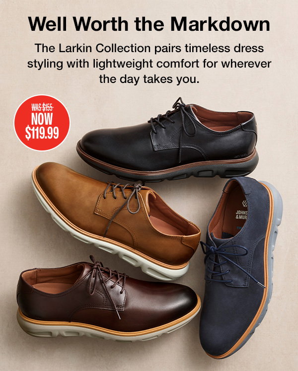 Four Larkin Collection dress shoes in black, tan, brown, and navy displayed on a light background. Text reads: 