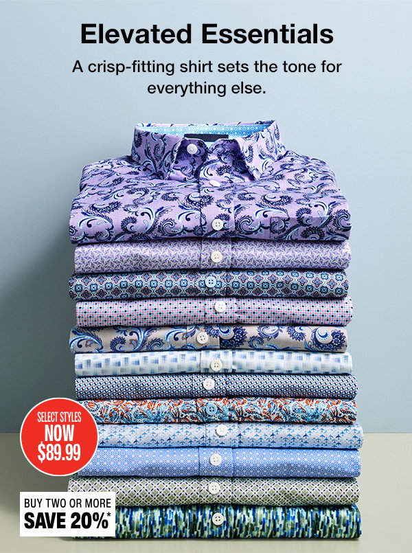 Stack of patterned dress shirts in shades of blue and purple on a light background. Text reads: 
