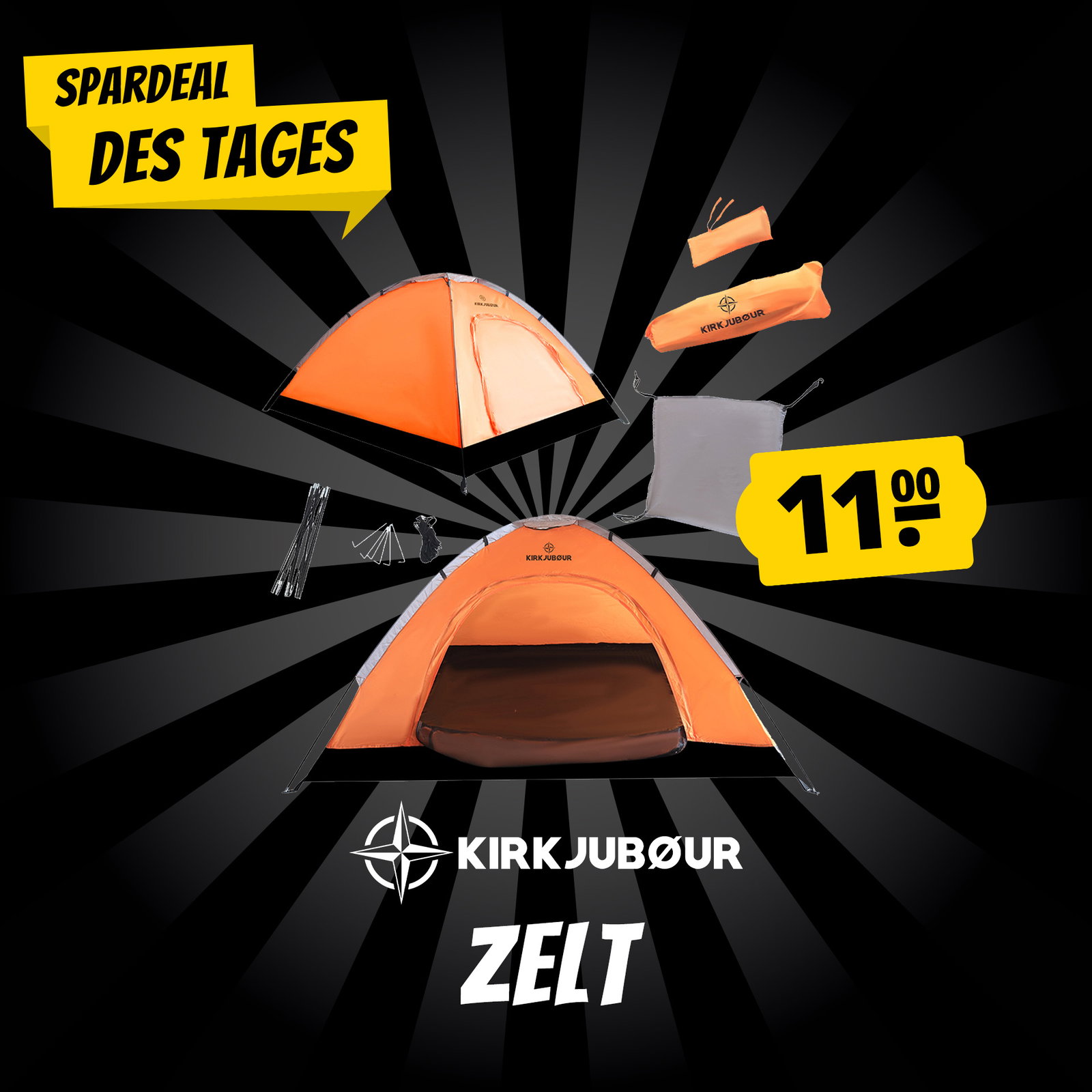 KIRKJUBØUR® "Vindr" 2 Personen-Camping-Zelt orange