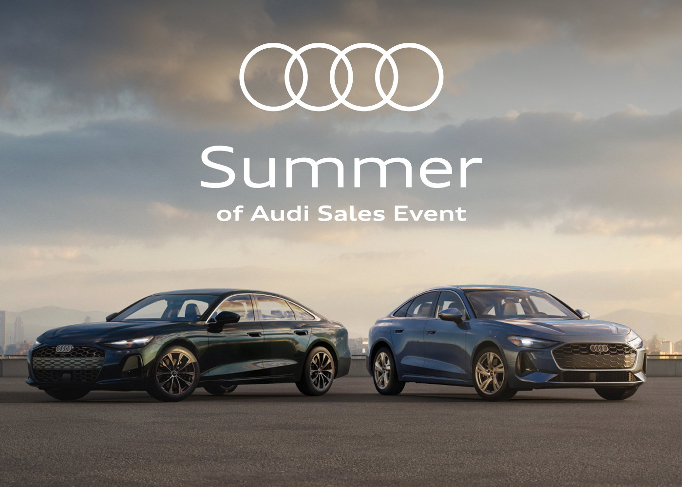 Green Audi A5 and blue Audi A6 parked before a vanilla sky. Summer of Audi Sales Event. Find yours.