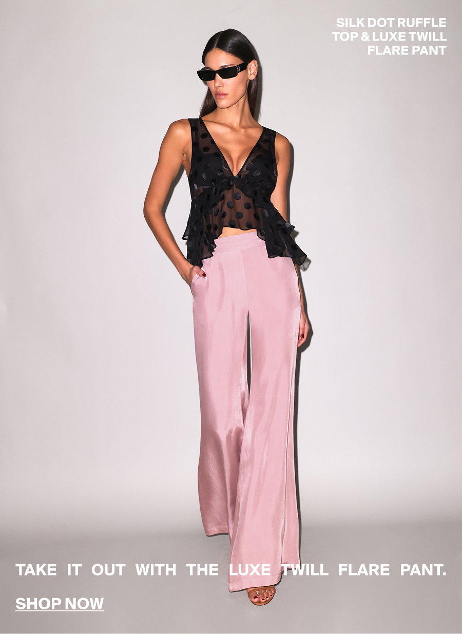 Silk Dot Ruffle Top & Luxe Twill Flare Pant