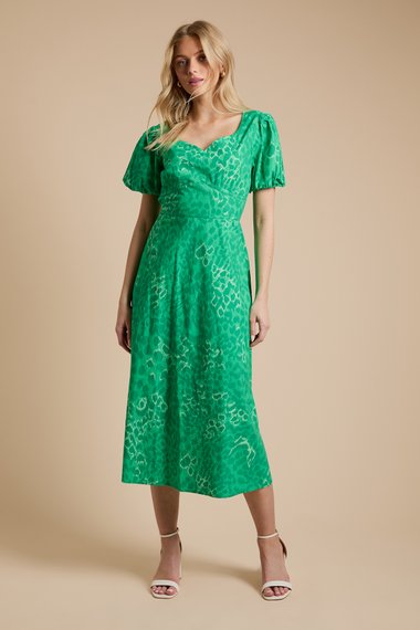 Green Animal Sweetheart Neck Printed Poplin Dress