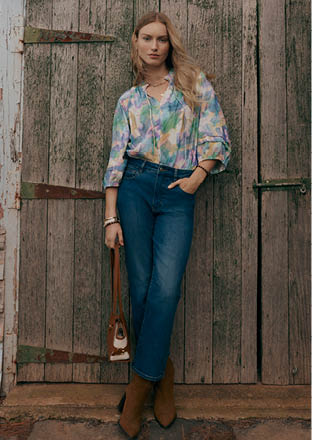 Linen Blend Layered Watercolour Notch Neck Top