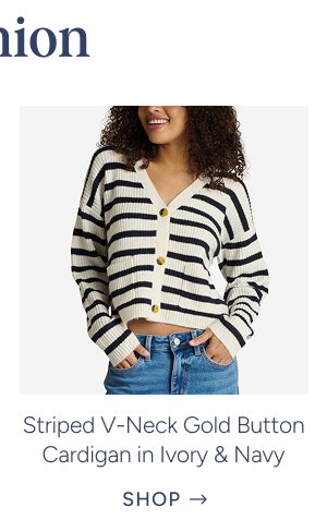 Striped V-Neck Gold Button Cardigan in Ivory and Navy