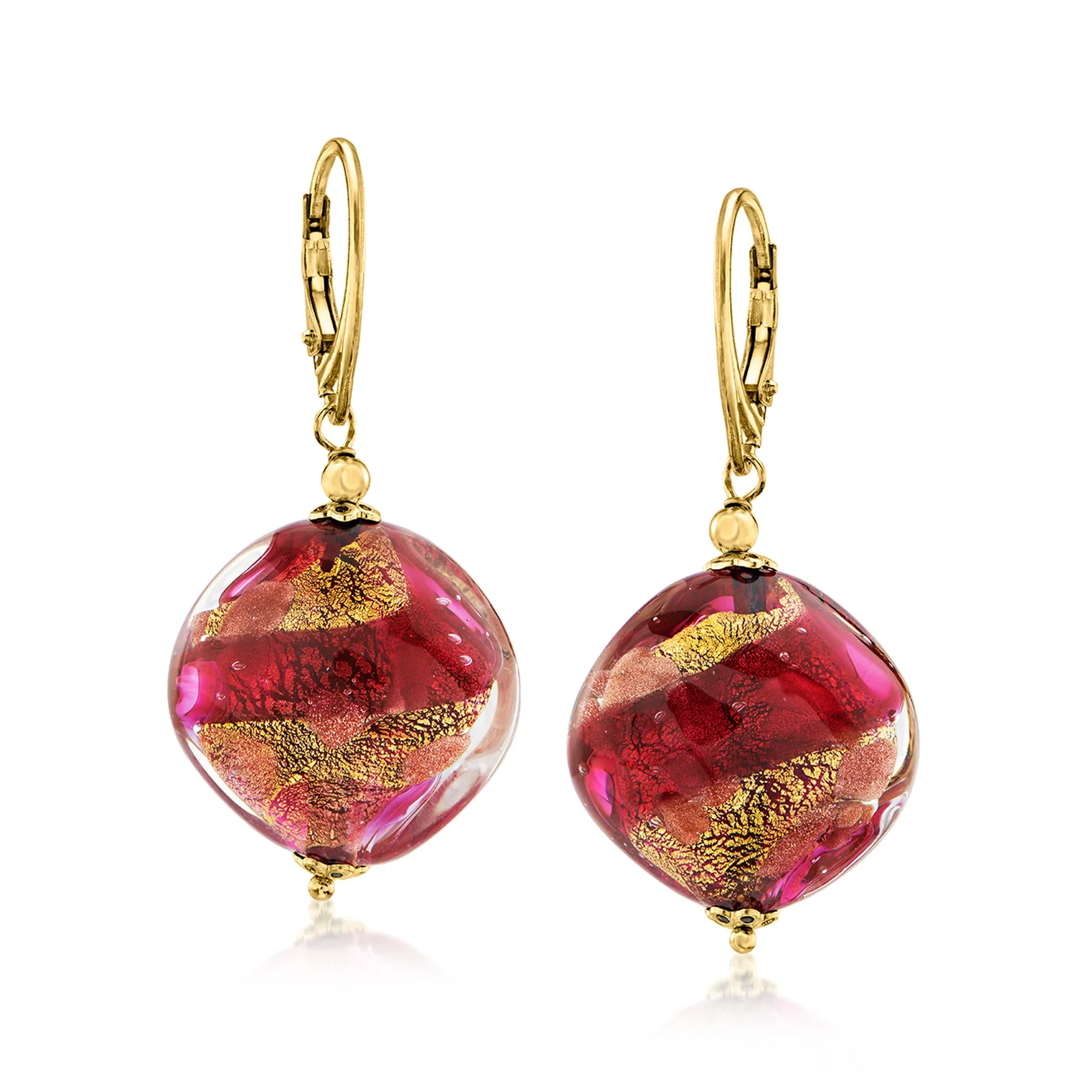 Image of Italian Hot Pink Murano Glass Bead Drop Earrings in 18kt Gold Over Sterling