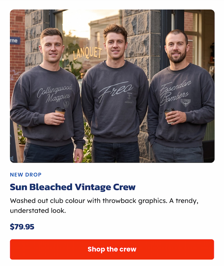 Three Men Standing Outside a Cafe Wearing AFL Sun Bleach Vintage Crews