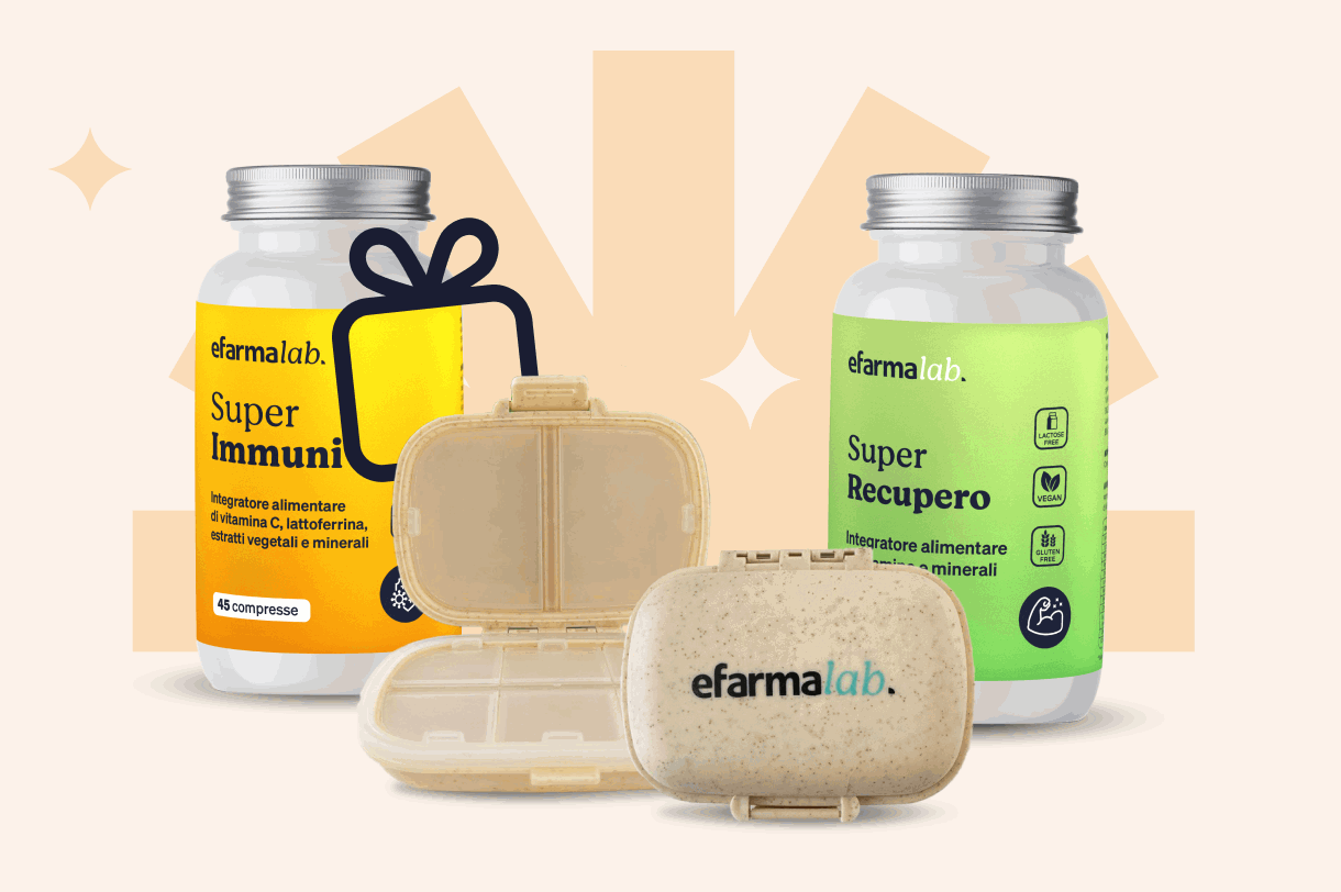 Two efarmalab supplement bottles labelled 'Super Immun' and 'Super Recupero' with a reusable pill organiser and gift icon