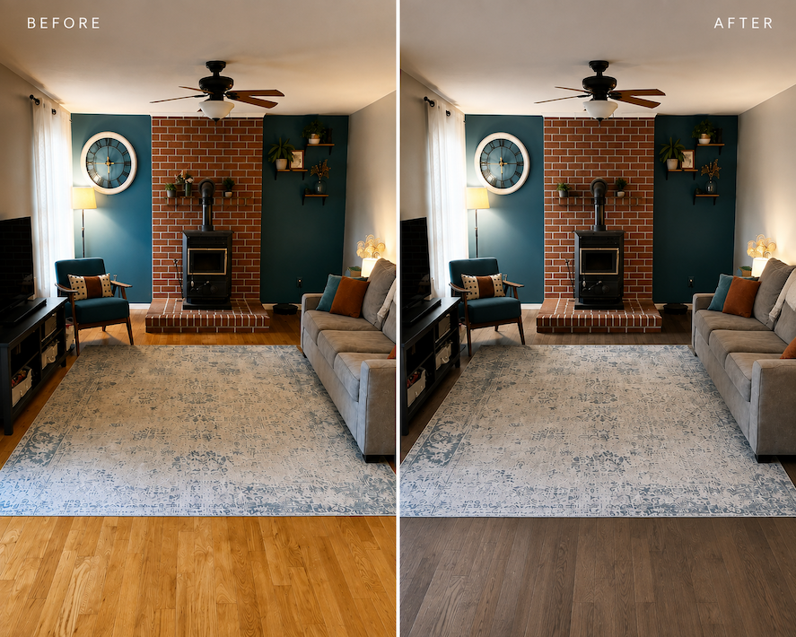 A before and after picture of Miracle Veil on orange wood toned floor