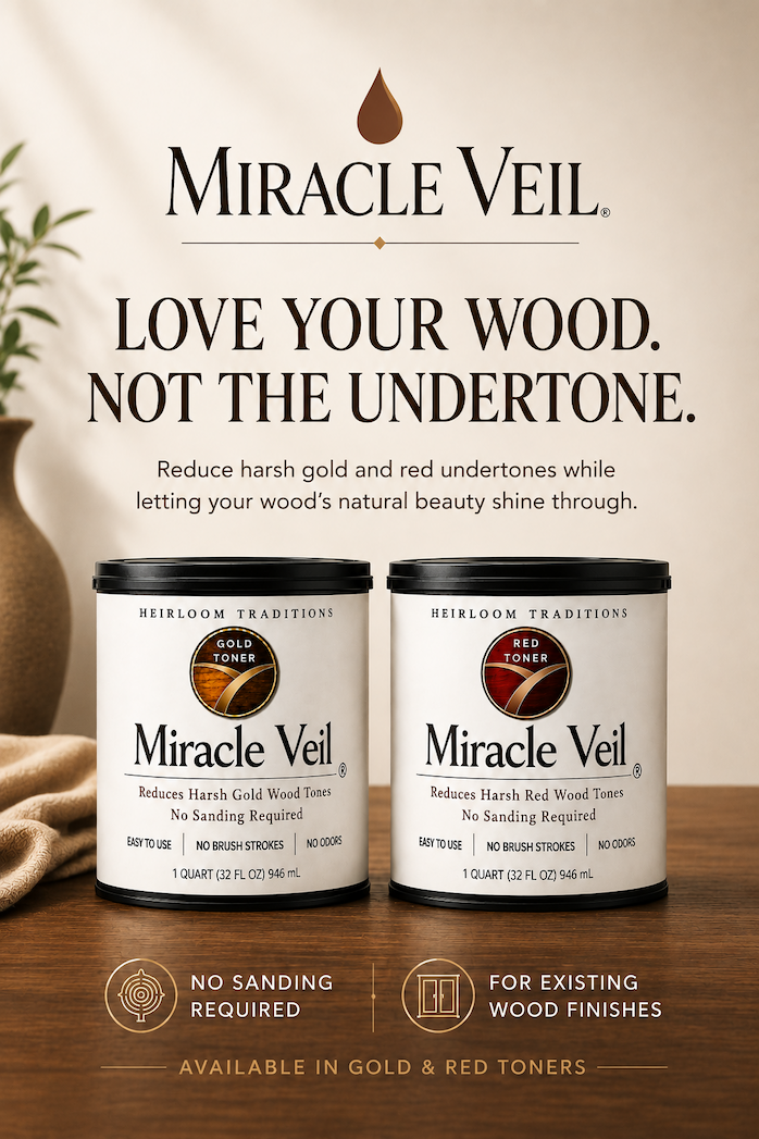 A before and after picture of Miracle Veil on orange wood toned stairs.