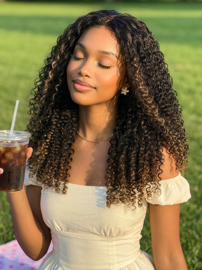 7x5 Bye Bye Slipβ’Glueless Lace Black to Chestnut Brown Ombre Burmese Curly With Finger Coil Ends Wig-Put On & Go With Invisi Drawstring