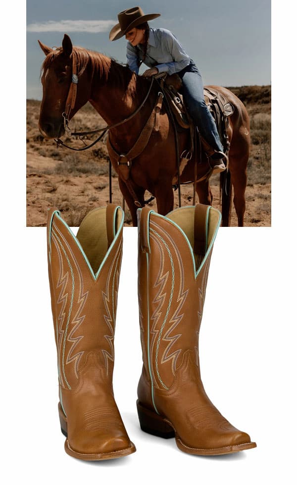 Woman wearing the Hallie boot while sitting on a horse. The Hallie boot on white.