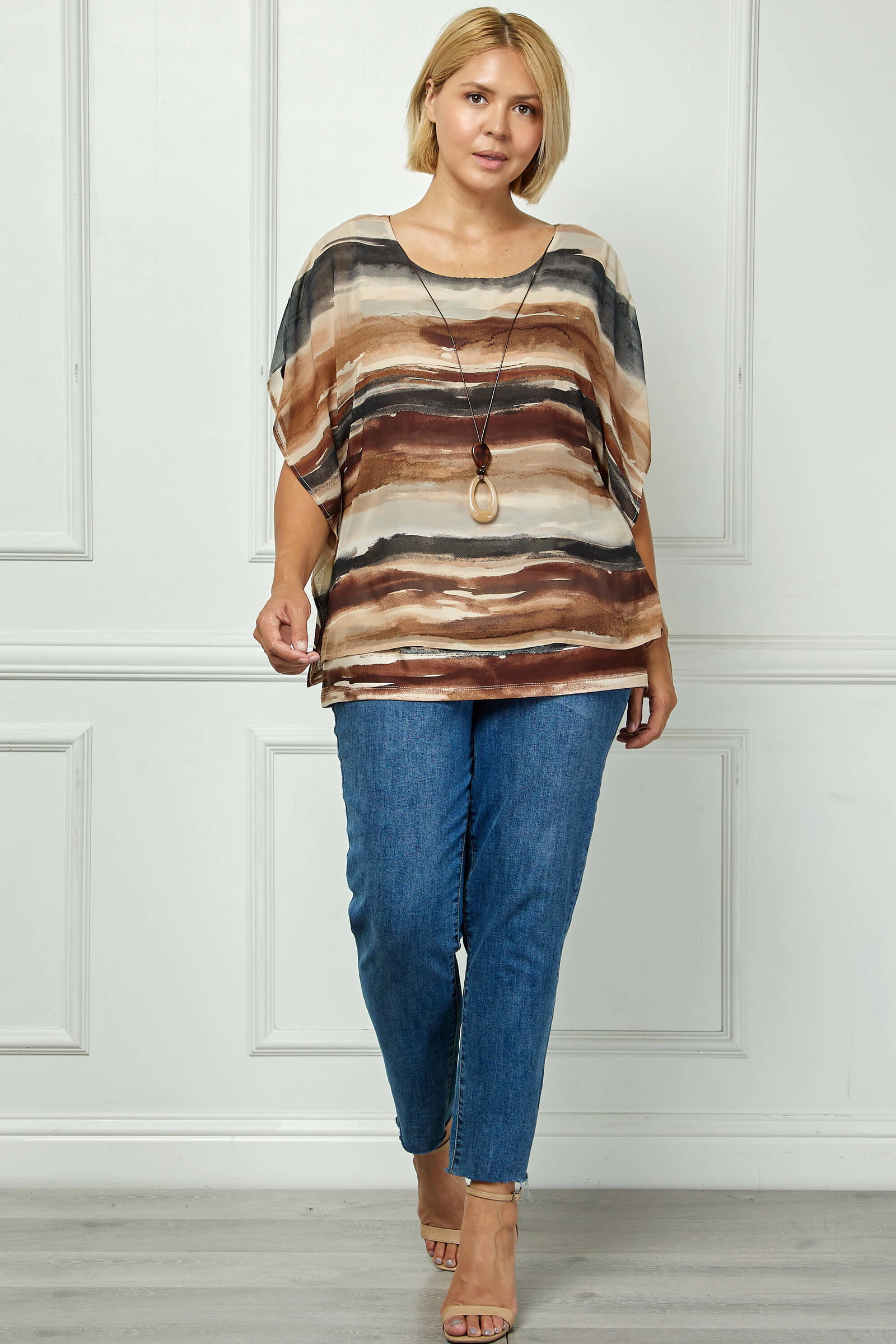 Image of Scoop Neck Poncho with Necklace in Brown/Tan/Black - Plus