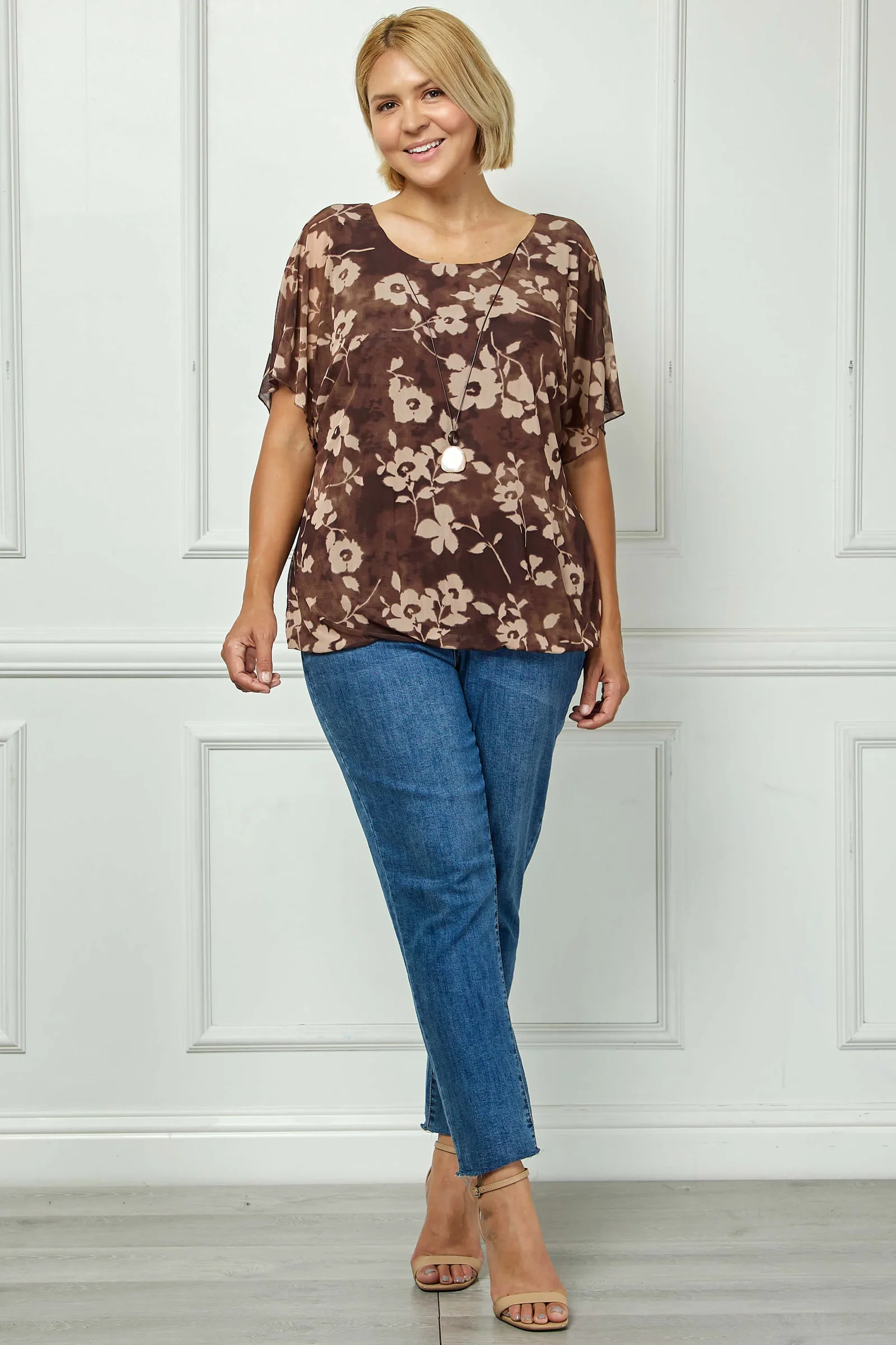 Image of Scoop Neck Bubble Blouse with Necklace in Brown/Mocha/Tan - Plus