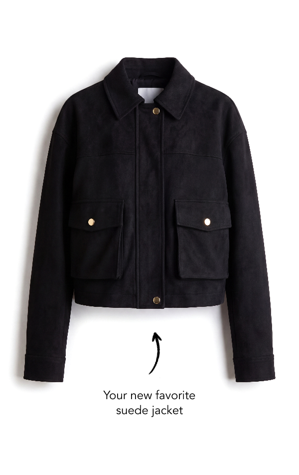Stretch Suede Two-Pocket Bomber Jacket with Side Tie Detail